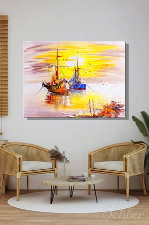 Yatay Kanvas Tablo Tekli Salon Yatak Odası Ofis Sıcak Sarı Tonlarda Gün Batımı Manzarası 739