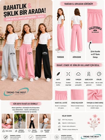 Yazlık Kız Erkek Unisex Çocuk Baggy Kalıp Siyah, Pembe, Gri 3'lü Eşofman Altı Takımı