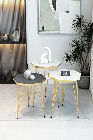 3'lü Sekizgen Zigon Sehpa Seti - Gold Metal Ayaklı, Modern & Şık Yan Sehpa, Dayanıklı Salon Ofis