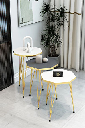 3'lü Sekizgen Zigon Sehpa Seti - Gold Metal Ayaklı, Modern & Şık Yan Sehpa, Dayanıklı Salon Ofis