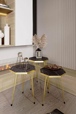 3'lü Sekizgen Zigon Sehpa Seti - Gold Metal Ayaklı, Modern & Şık Yan Sehpa, Dayanıklı Salon Ofis