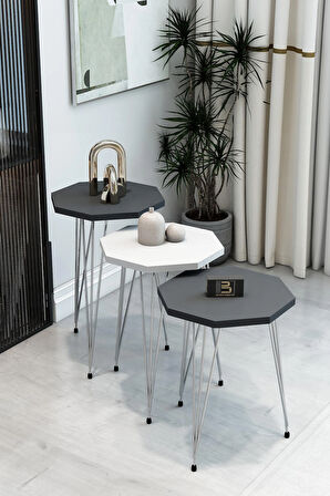 3'lü Sekizgen Zigon Sehpa Seti - Gümüş Metal Ayaklı, Modern & Şık Yan Sehpa, Dayanıklı Salon Ofis