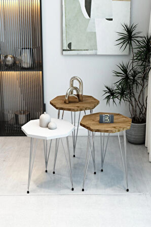 3'lü Sekizgen Zigon Sehpa Seti - Gümüş Metal Ayaklı, Modern & Şık Yan Sehpa, Dayanıklı Salon Ofis