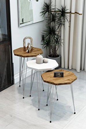 3'lü Sekizgen Zigon Sehpa Seti - Gümüş Metal Ayaklı, Modern & Şık Yan Sehpa, Dayanıklı Salon Ofis