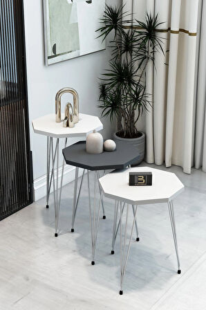 3'lü Sekizgen Zigon Sehpa Seti - Gümüş Metal Ayaklı, Modern & Şık Yan Sehpa, Dayanıklı Salon Ofis