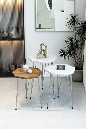 3'lü Sekizgen Zigon Sehpa Seti - Gümüş Metal Ayaklı, Modern & Şık Yan Sehpa, Dayanıklı Salon Ofis