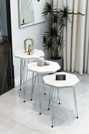 3'lü Sekizgen Zigon Sehpa Seti - Gümüş Metal Ayaklı, Modern & Şık Yan Sehpa, Dayanıklı Salon Ofis