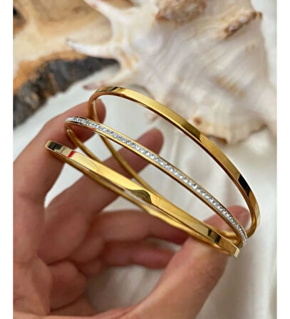 3 Adet Ajda Bilezik Taşlı Ajda Çelik Altın Kaplama