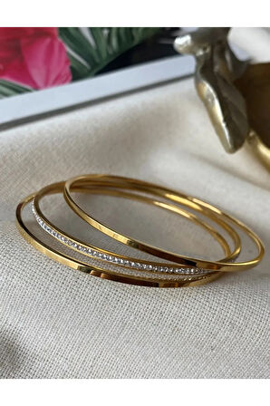 3 Adet Ajda Bilezik Taşlı Ajda Çelik Altın Kaplama