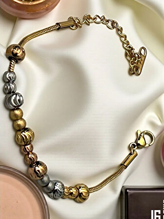 Boncuk Charm Bileklik Gold Çelik