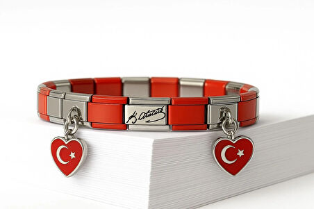Kemal Atatürk+Kalp Bayrak Charm Ekli Bileklik Nomi Bileklik Çelik