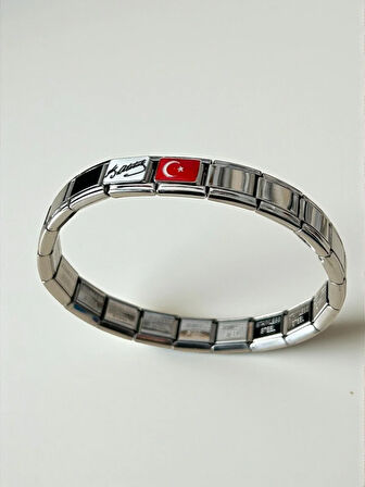 Kemal Atatürk+Türk Bayrağı Charm Ekli Bileklik Nomi Bileklik Çelik