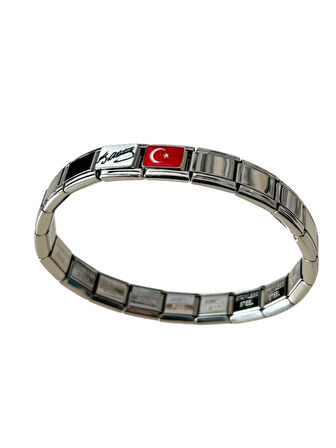 Kemal Atatürk+Türk Bayrağı Charm Ekli Bileklik Nomi Bileklik Çelik