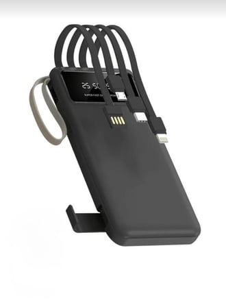Premium 10000 mAh Powerbank Siyah Hızlı Şarj Kendinden Kablolu Dijital Göstergeli Gizli Stantlı Taşınabilir Şarj Cihazı