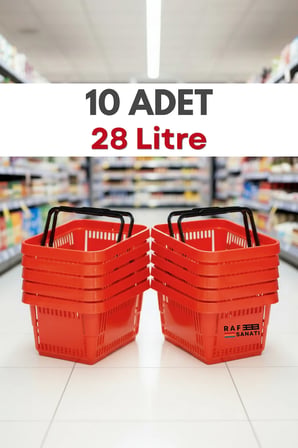 10 Adet - 28 Litre Plastik Market Alışveriş Sepeti Saplı Dayanıklı Market Mağaza El Sepeti Kırmızı