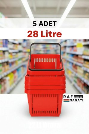 5 Adet 28 Litre Plastik Market Alışveriş Sepeti Saplı Dayanıklı Market Mağaza El Sepeti Kırmızı