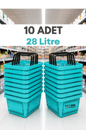 10 Adet - 28 Litre Plastik Market Alışveriş Sepeti Saplı Dayanıklı Market Mağaza El Sepeti Turkuaz