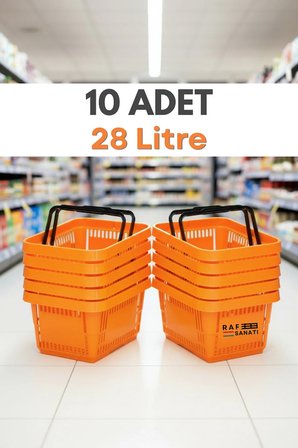 10 Adet - 28 Litre Plastik Market Alışveriş Sepeti Saplı Dayanıklı Market Mağaza El Sepeti Turuncu