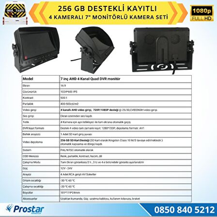 Kayıtlı AHD Okul Servisler için 4 Kameralı 7 inç Monitörlü 720P Araç Kamera Seti