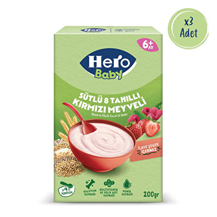 Hero Baby Sütlü Kırmızı Meyveli 8 Tahıllı 200g x3
