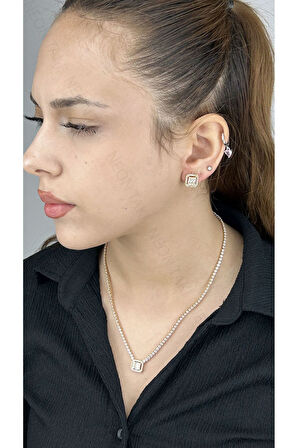 Baget Zirkon Taşlı, Paslanmaz Çelik Kolye Ve Küpe Seti 14, Altın Renk