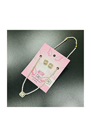 Baget Zirkon Taşlı, Paslanmaz Çelik Kolye Ve Küpe Seti 14, Altın Renk