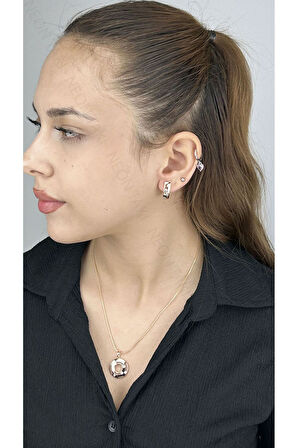 Zirkon Taşlı, Küpe Ve Kolye, Altın Kaplama Çelik Set 41, Pembe (ROSE) Renk