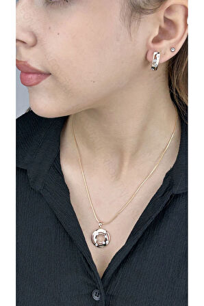 Zirkon Taşlı, Küpe Ve Kolye, Altın Kaplama Çelik Set 41, Pembe (ROSE) Renk