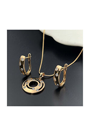 Zirkon Taşlı, Küpe Ve Kolye, Altın Kaplama Çelik Set 41, Pembe (ROSE) Renk