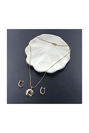 Zirkon Taşlı, Küpe Ve Kolye, Altın Kaplama Çelik Set 41, Pembe (ROSE) Renk