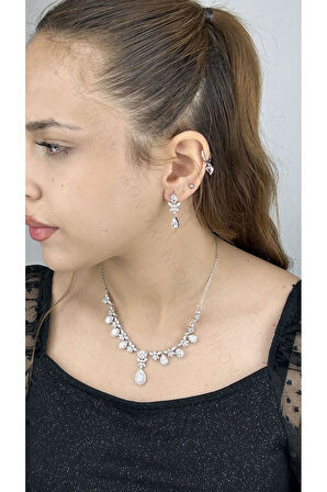 Zirkon Taşlı, Rodyum Kaplama Kolye Küpe Seti 52, Gümüş Renk