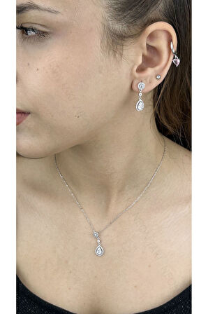 Zirkon Taşlı, Rodyum Kaplama Kolye Küpe Seti 55, Gümüş Renk