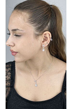 Zirkon Taşlı, Rodyum Kaplama Kolye Küpe Seti 55, Gümüş Renk