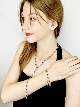 Y Kolye ve Bileklik Seti, 2 parça, Taşlı, Çok Renkli, Kalpli, Set 62, Kasa Gümüş Renk