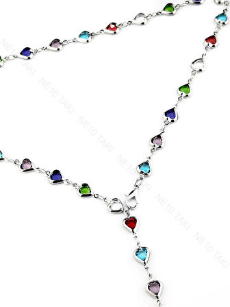 Y Kolye ve Bileklik Seti, 2 parça, Taşlı, Çok Renkli, Kalpli, Set 62, Kasa Gümüş Renk