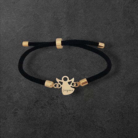 Sade ve Zarif Mevlana Figürlü Siyah Örgülü ve 14 Ayar Altın Plakalı Şeyma Bilekliği