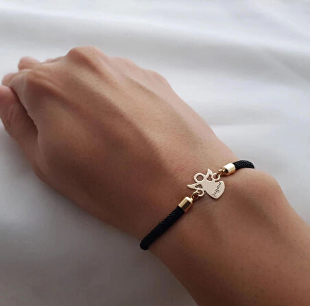 Sade ve Zarif Mevlana Figürlü Siyah Örgülü ve 14 Ayar Altın Plakalı Şeyma Bilekliği