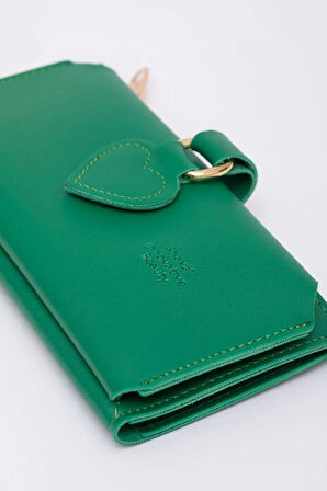 Kadın Yumuşak Suni Deri Kalpli Çıtçıt Kapatmalı Telefon Bölmeli Bozuk Ve Kağıt Para Gözlü Şık