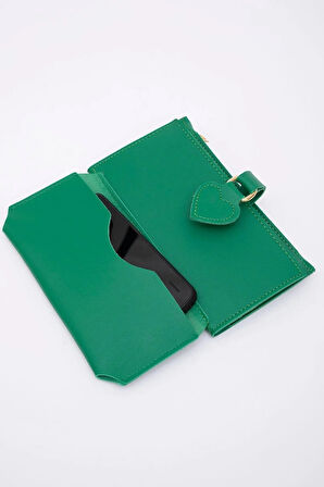 Kadın Yumuşak Suni Deri Kalpli Çıtçıt Kapatmalı Telefon Bölmeli Bozuk Ve Kağıt Para Gözlü Şık