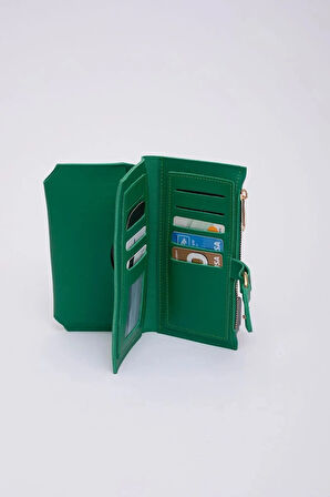 Kadın Yumuşak Suni Deri Kalpli Çıtçıt Kapatmalı Telefon Bölmeli Bozuk Ve Kağıt Para Gözlü Şık