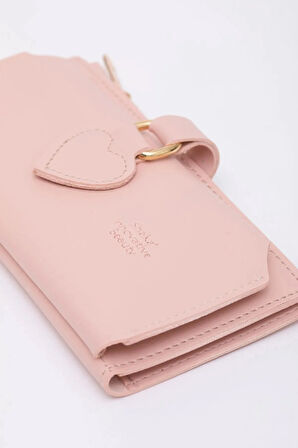 Kadın Yumuşak Suni Deri Kalpli Çıtçıt Kapatmalı Telefon Bölmeli Bozuk Ve Kağıt Para Gözlü Şık