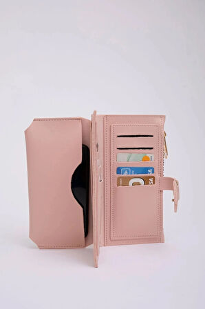 Kadın Yumuşak Suni Deri Kalpli Çıtçıt Kapatmalı Telefon Bölmeli Bozuk Ve Kağıt Para Gözlü Şık