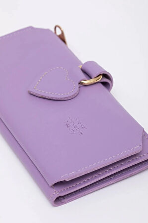 Kadın Yumuşak Suni Deri Kalpli Çıtçıt Kapatmalı Telefon Bölmeli Bozuk Ve Kağıt Para Gözlü Şık