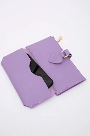 Kadın Yumuşak Suni Deri Kalpli Çıtçıt Kapatmalı Telefon Bölmeli Bozuk Ve Kağıt Para Gözlü Şık