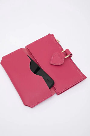 Kadın Yumuşak Suni Deri Kalpli Çıtçıt Kapatmalı Telefon Bölmeli Bozuk Ve Kağıt Para Gözlü Şık