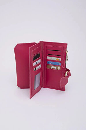 Kadın Yumuşak Suni Deri Kalpli Çıtçıt Kapatmalı Telefon Bölmeli Bozuk Ve Kağıt Para Gözlü Şık