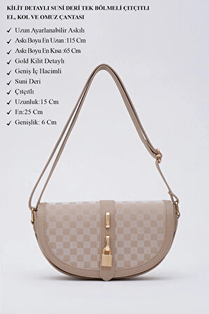 Kilit Detaylı Suni Deri Tek Bölmeli Çıtçıtlı  Şık  ve Ergonomik Kol ve Omuz Çantası Zarif