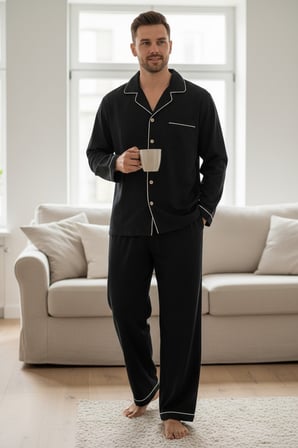 Sıle Atelıer Siyah Biyeli Uzun Kollu Erkek Pijama Takımı Xl