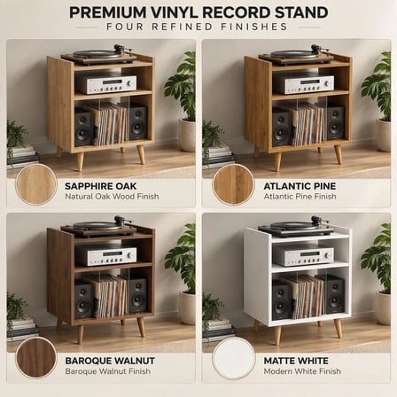 Vinil Plak Saklamalı Pikap Standı, Mid Century Pikap Masası, 45-50 Plak Kapasiteli LP Dolabı, Pleksiglass Bölmeler, Masif Ahşap Ayaklar