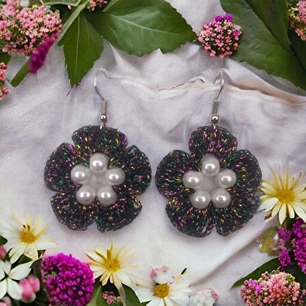 Örgü El Yapımı Simli Etnik Otantik Aesthetic Soft Vibes Vintage İnci Boncuklu Hediyelik Çiçek Siyah Renk Küpe